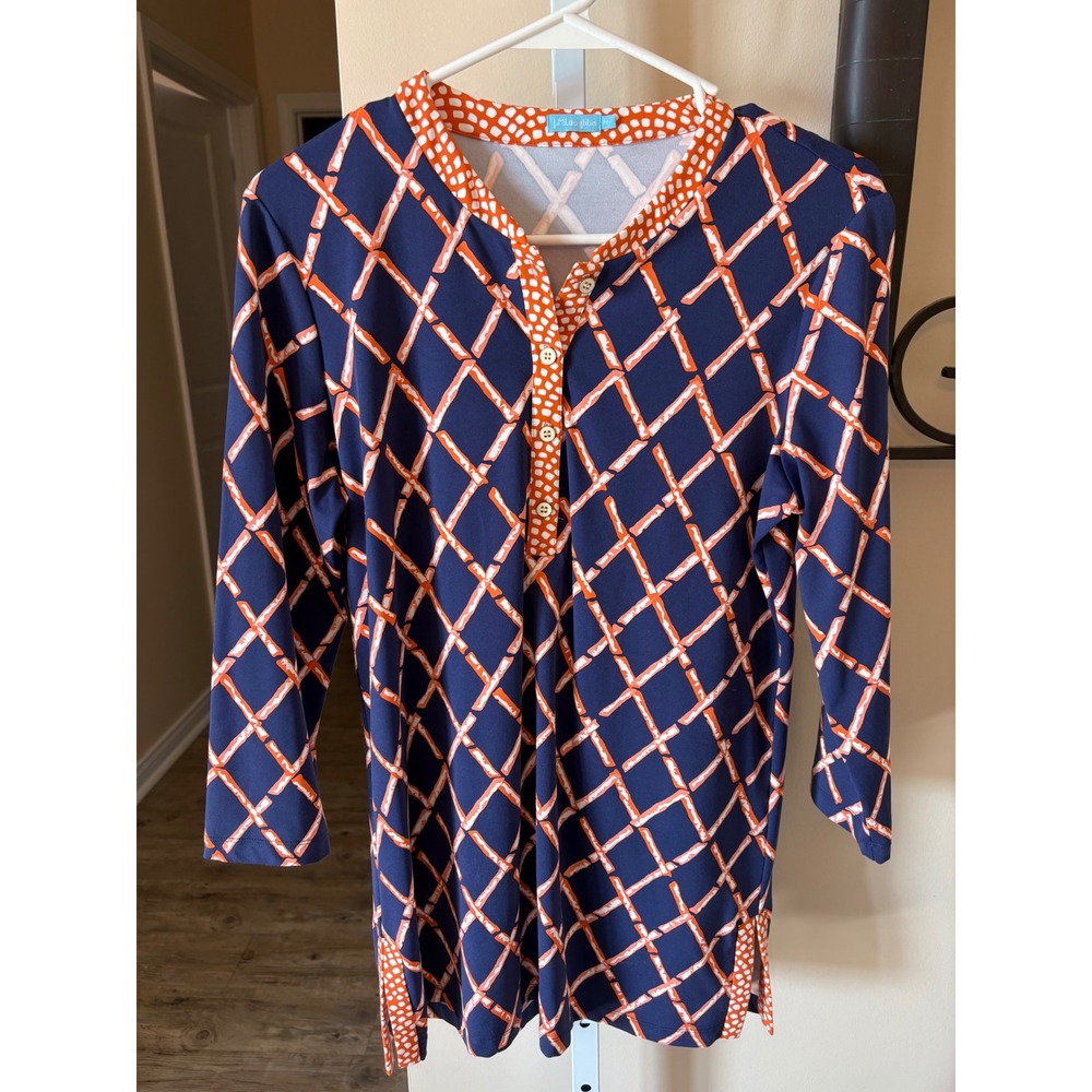 J. McLaughlin Catalina Cloth Tunic Top Navy Orange Lattice Print Medium